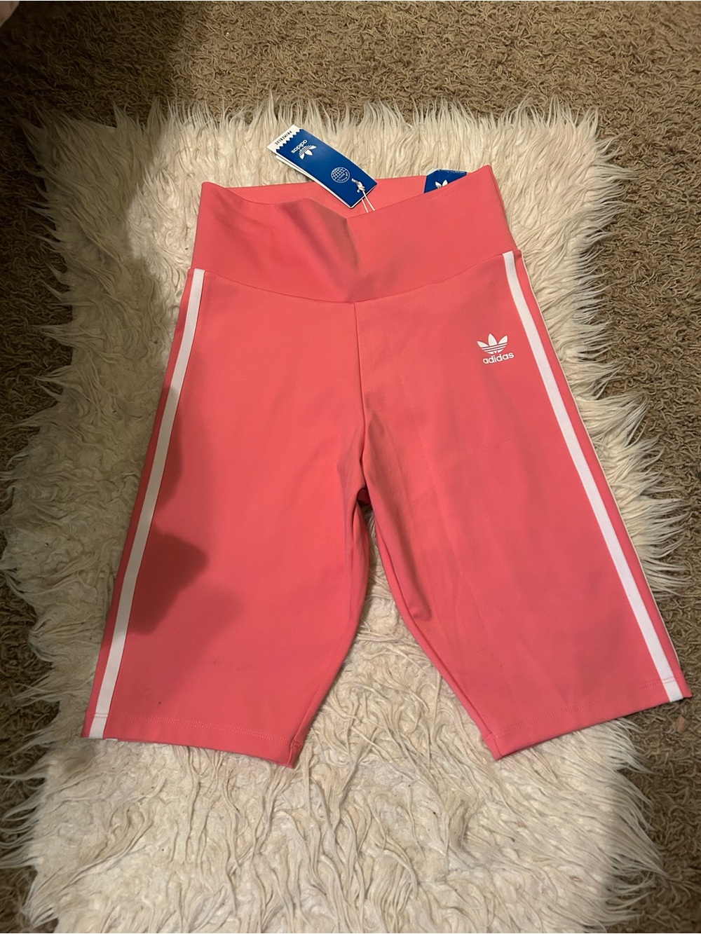 adidas Coral Pink High-Rise Bike Shorts with White Stripes